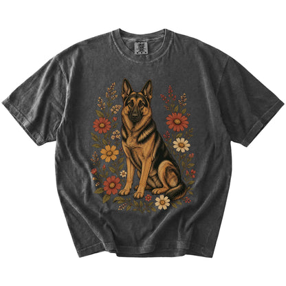 German Shepherd portrait surrounded by wildflowers beneath the moon on a Pepper Comfort Colors® T-shirt