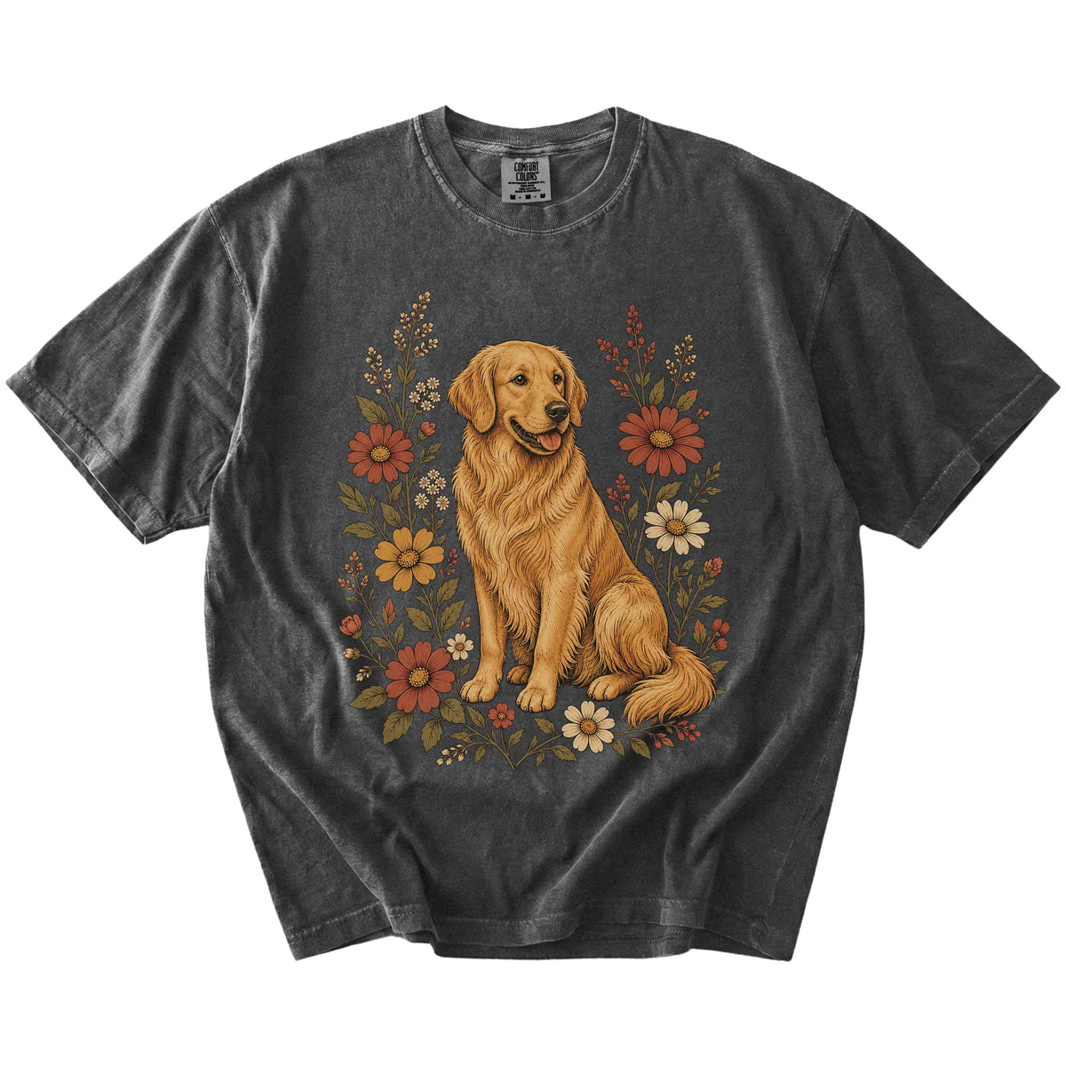 Golden Retriever portrait surrounded by wildflowers beneath the moon on a Pepper Comfort Colors® T-shirt
