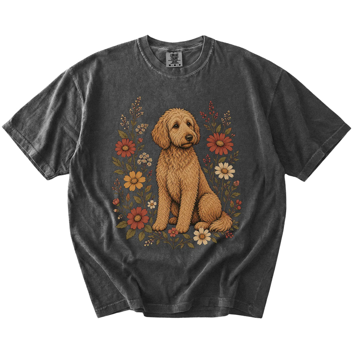 Goldendoodle portrait surrounded by wildflowers beneath the moon on a Pepper Comfort Colors® T-shirt