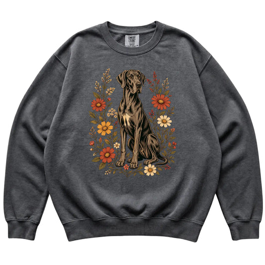 Pepper Comfort Colors® sweatshirt with Great Dane portrait and wildflowers, flat lay