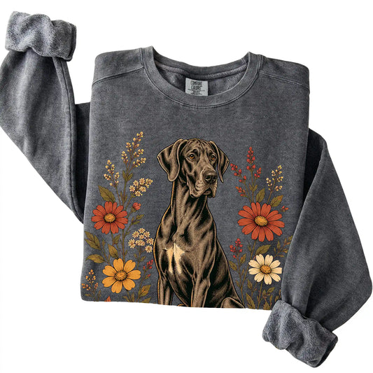 Pepper Comfort Colors® sweatshirt with Great Dane portrait and wildflowers, folded view