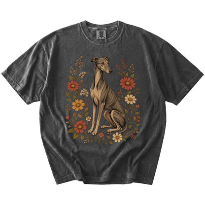 Greyhound portrait surrounded by wildflowers beneath the moon on a Pepper Comfort Colors® T-shirt