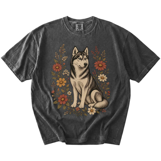 Husky portrait surrounded by wildflowers beneath the moon on a Pepper Comfort Colors® T-shirt