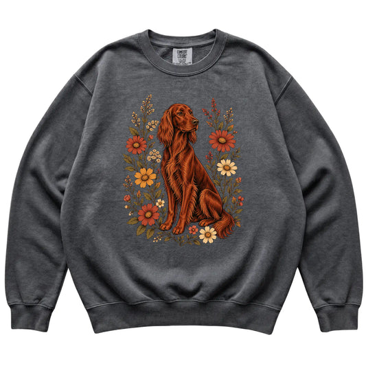 Pepper Comfort Colors® sweatshirt with Irish Setter portrait and wildflowers, flat lay