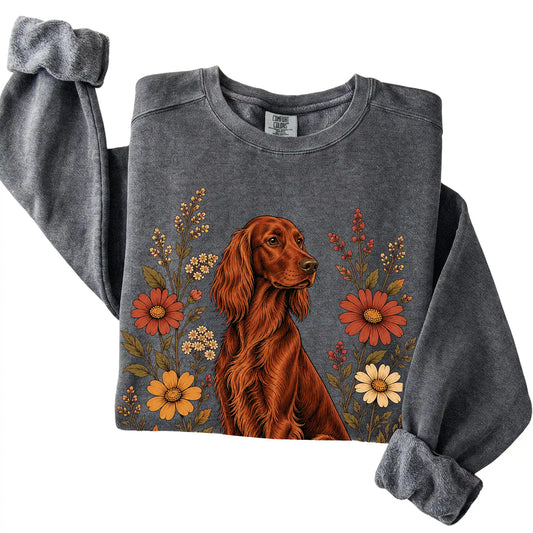 Pepper Comfort Colors® sweatshirt with Irish Setter portrait and wildflowers, folded view