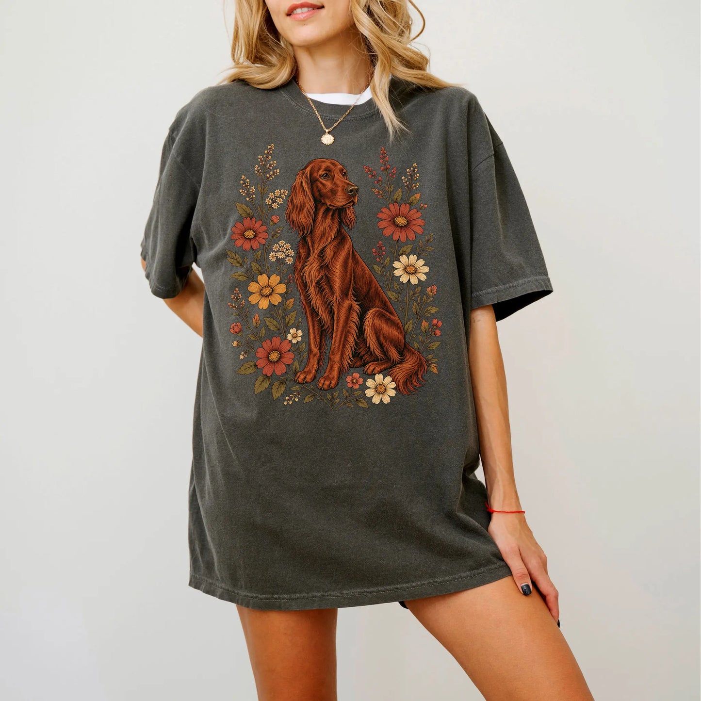 Model wearing a Pepper Comfort Colors® T-shirt showing Irish Setter portrait surrounded by wildflowers beneath the moon