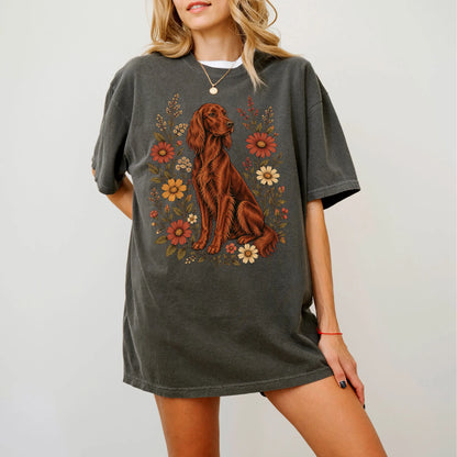 Model wearing a Pepper Comfort Colors® T-shirt showing Irish Setter portrait surrounded by wildflowers beneath the moon