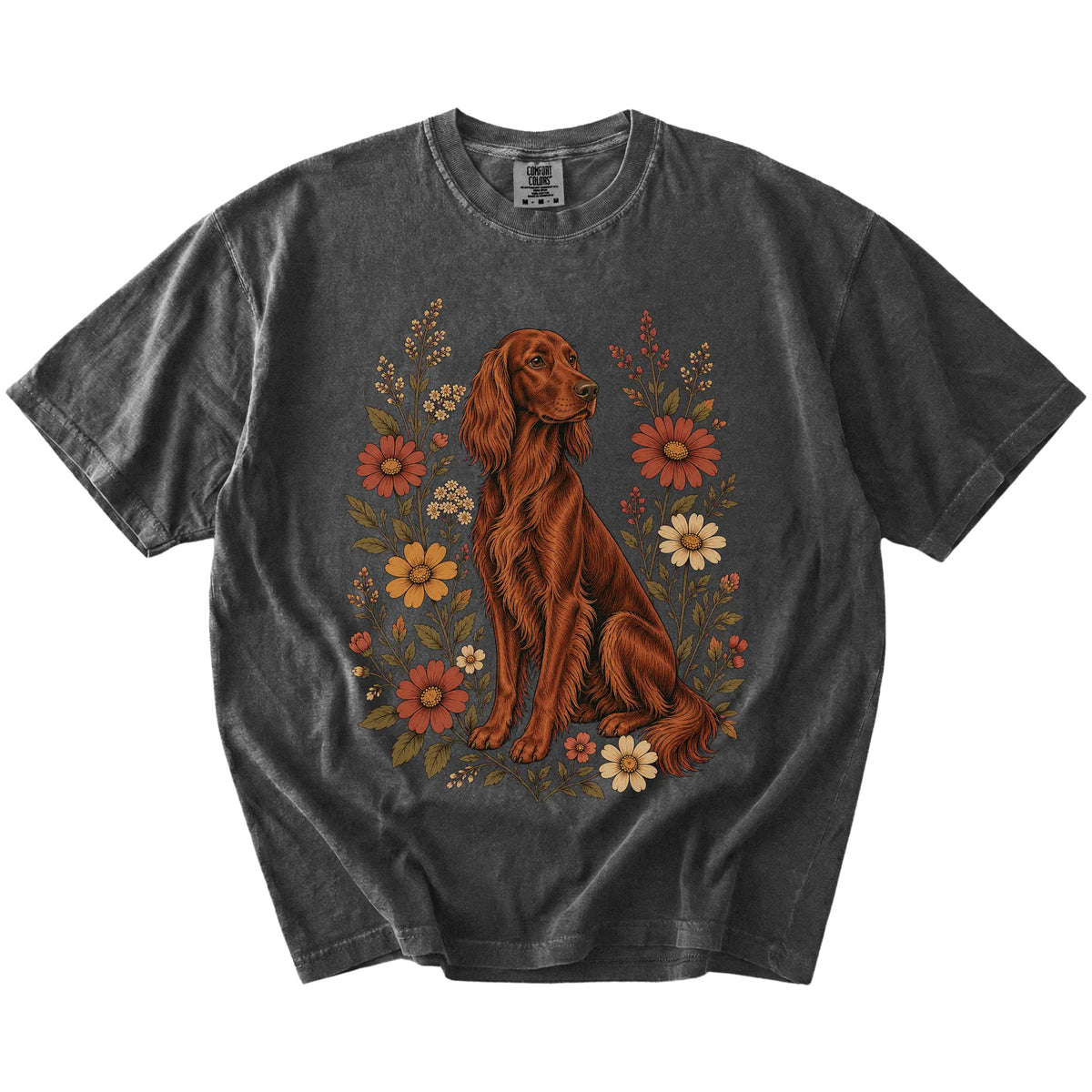 Irish Setter portrait surrounded by wildflowers beneath the moon on a Pepper Comfort Colors® T-shirt