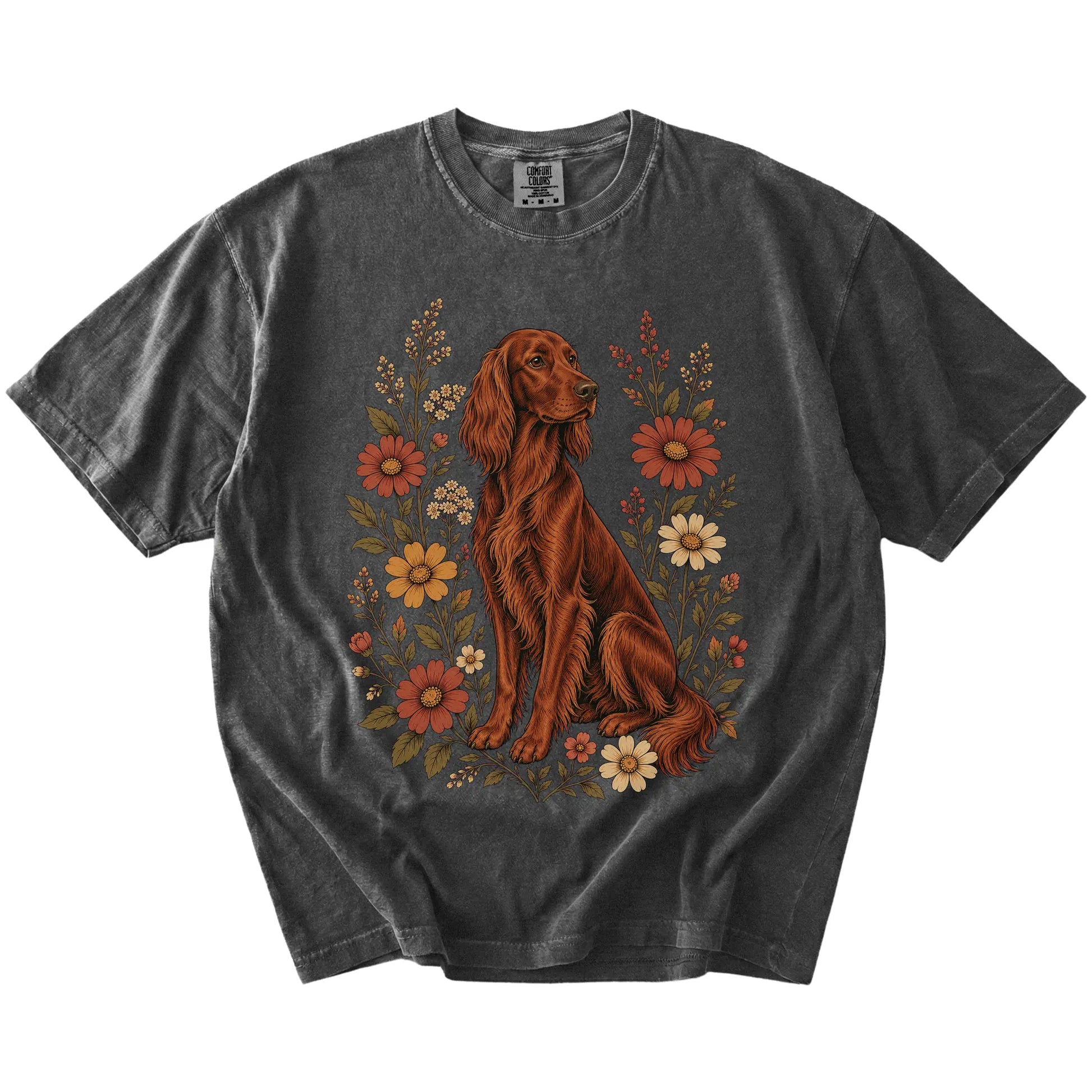 Irish Setter portrait surrounded by wildflowers beneath the moon on a Pepper Comfort Colors® T-shirt