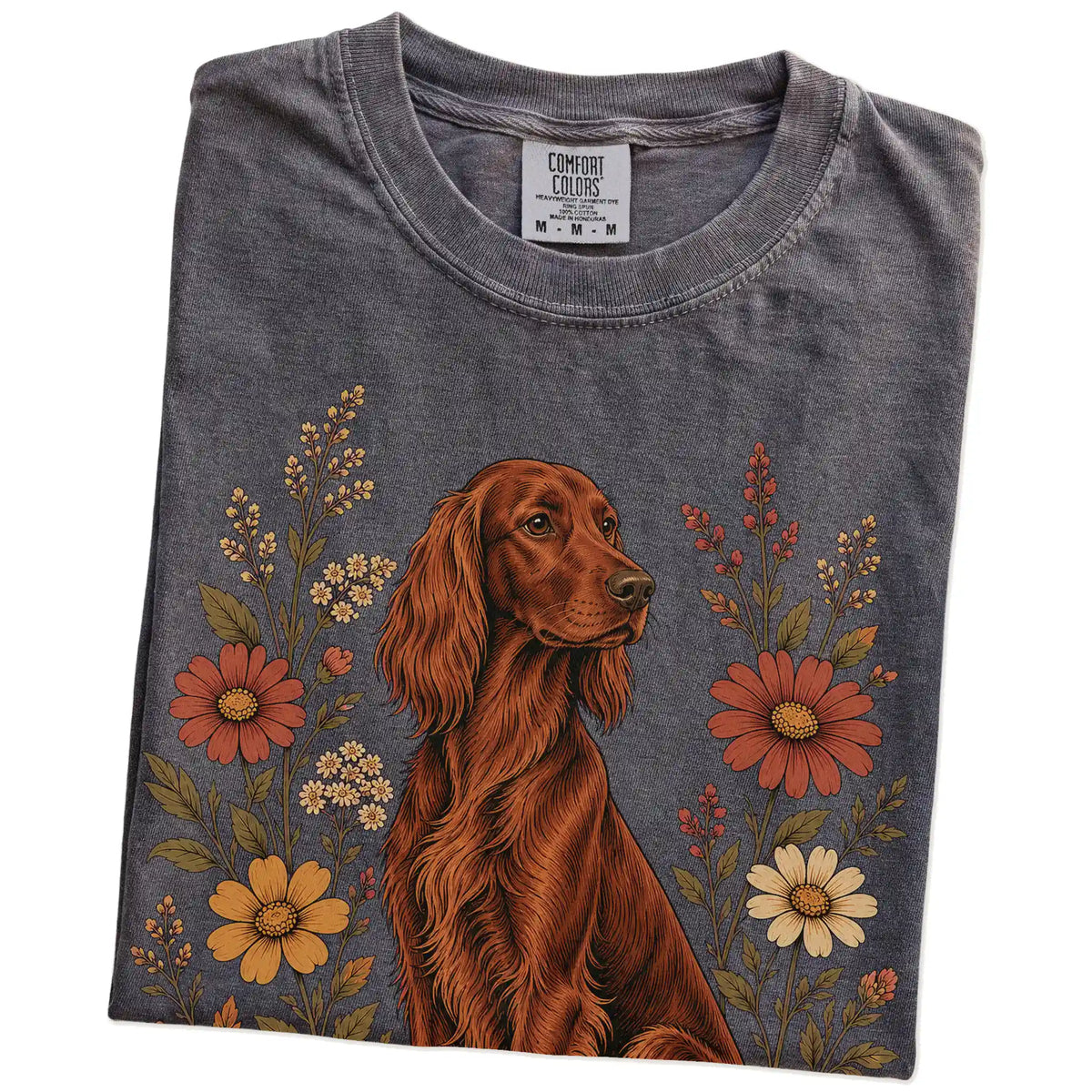 Folded Pepper Comfort Colors® T-shirt showing Irish Setter portrait surrounded by wildflowers beneath the moon