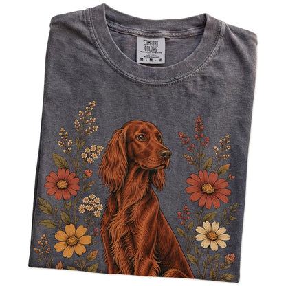 Folded Pepper Comfort Colors® T-shirt showing Irish Setter portrait surrounded by wildflowers beneath the moon