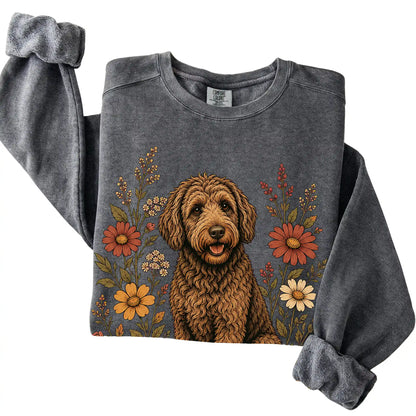 Pepper Comfort Colors® sweatshirt with Labradoodle portrait and wildflowers, folded view