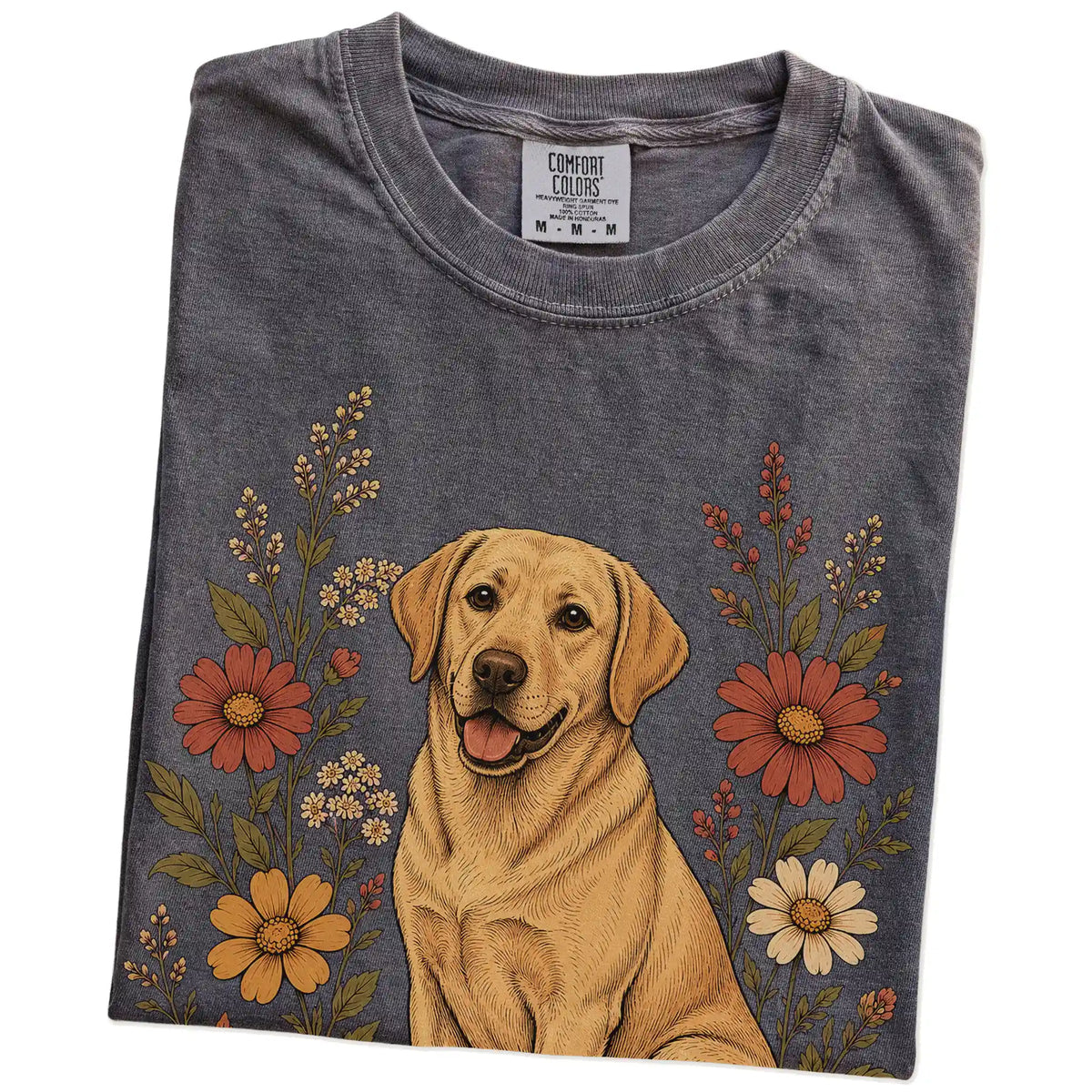 Folded Pepper Comfort Colors® T-shirt showing Labrador Retriever portrait surrounded by wildflowers beneath the moon