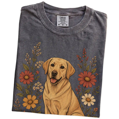 Folded Pepper Comfort Colors® T-shirt showing Labrador Retriever portrait surrounded by wildflowers beneath the moon