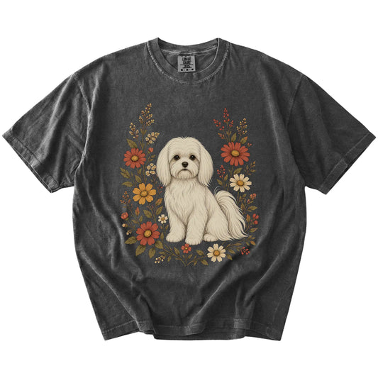 Maltese portrait surrounded by wildflowers beneath the moon on a Pepper Comfort Colors® T-shirt