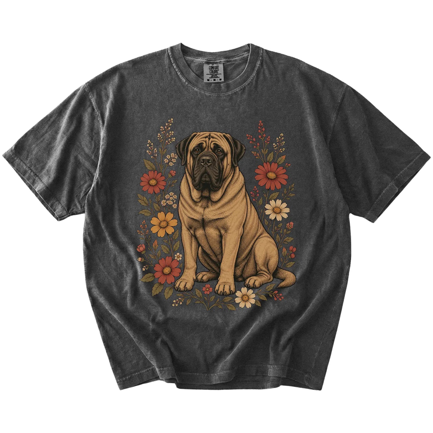 Mastiff portrait surrounded by wildflowers beneath the moon on a Pepper Comfort Colors® T-shirt