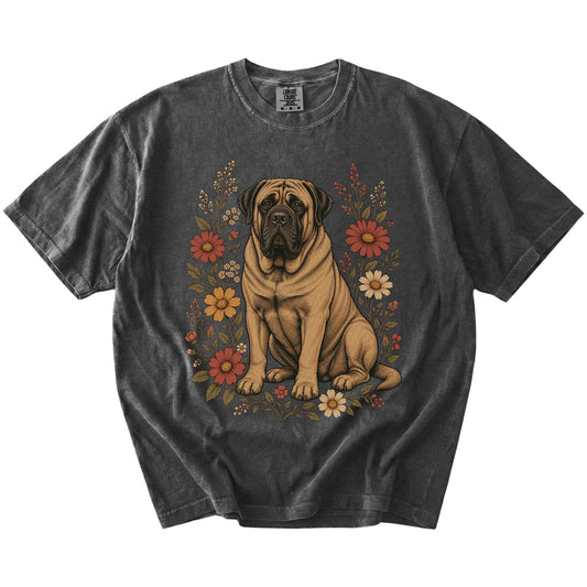Mastiff portrait surrounded by wildflowers beneath the moon on a Pepper Comfort Colors® T-shirt