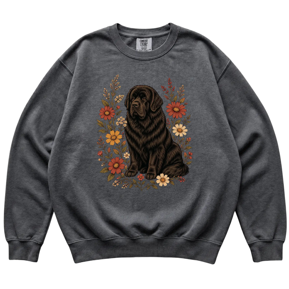 Pepper Comfort Colors® sweatshirt with Newfie portrait and wildflowers, flat lay