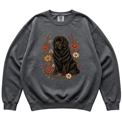 Pepper Comfort Colors® sweatshirt with Newfie portrait and wildflowers, flat lay