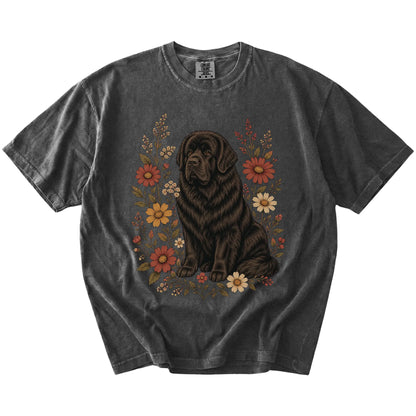 Newfie portrait surrounded by wildflowers beneath the moon on a Pepper Comfort Colors® T-shirt