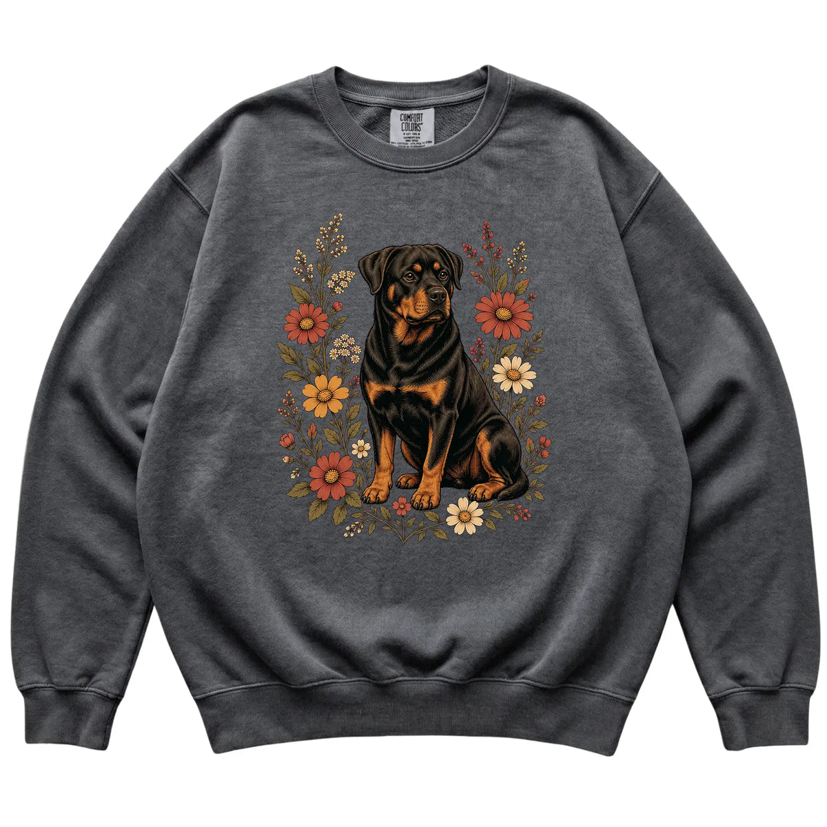 Pepper Comfort Colors® sweatshirt with Rottweiler portrait and wildflowers, flat lay