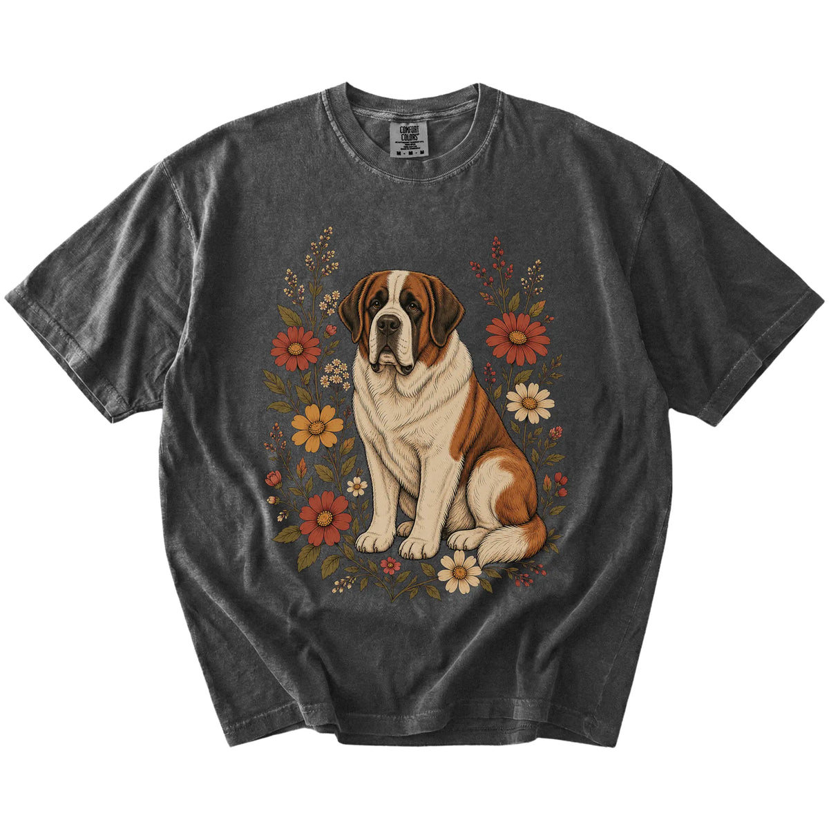 Saint Bernard portrait surrounded by wildflowers beneath the moon on a Pepper Comfort Colors® T-shirt