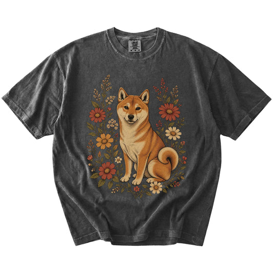 Shiba Inu portrait surrounded by wildflowers beneath the moon on a Pepper Comfort Colors® T-shirt