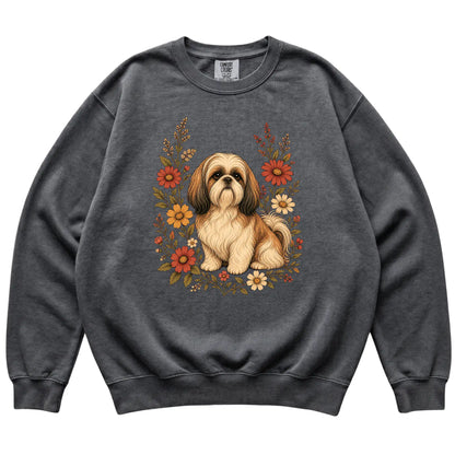 Pepper Comfort Colors® sweatshirt with Shih Tzu portrait and wildflowers, flat lay