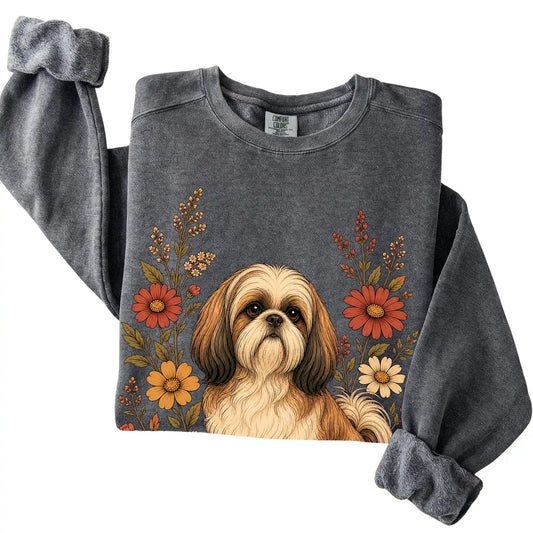 Pepper Comfort Colors® sweatshirt with Shih Tzu portrait and wildflowers, folded view