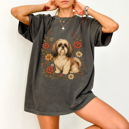 Model wearing a Pepper Comfort Colors® T-shirt showing Shih Tzu portrait surrounded by wildflowers beneath the moon