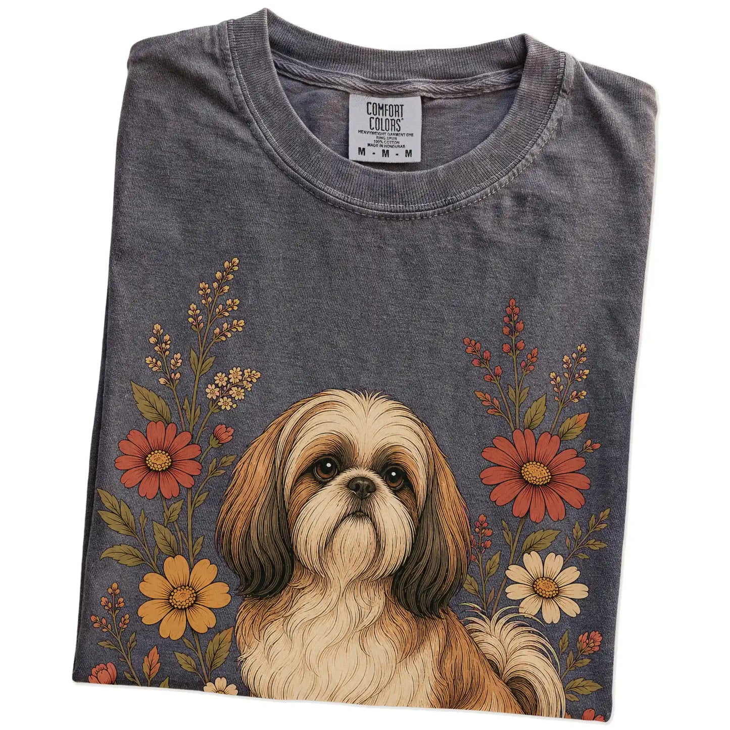Folded Pepper Comfort Colors® T-shirt showing Shih Tzu portrait surrounded by wildflowers beneath the moon