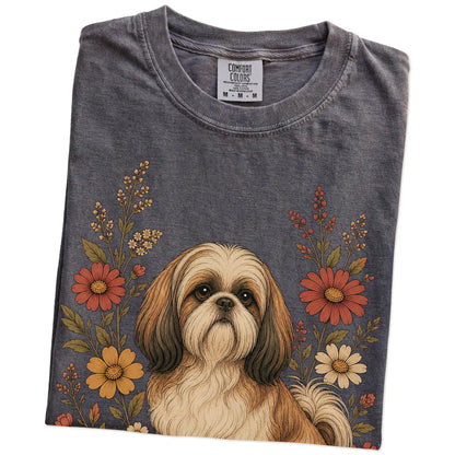 Folded Pepper Comfort Colors® T-shirt showing Shih Tzu portrait surrounded by wildflowers beneath the moon