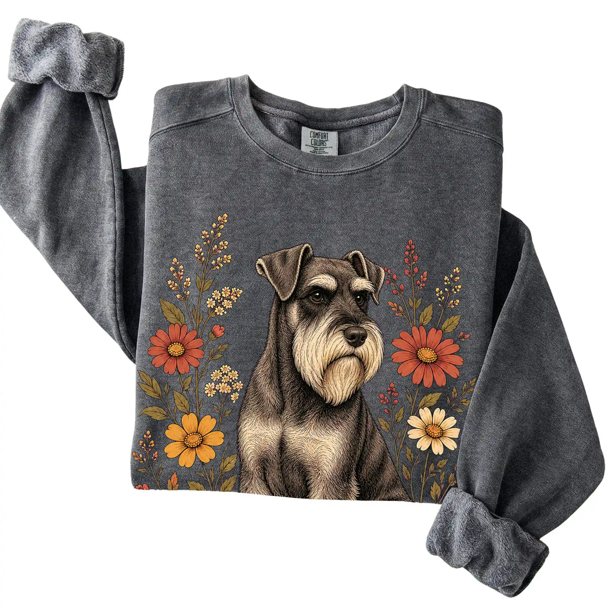 Pepper Comfort Colors® sweatshirt with Standard Schnauzer portrait and wildflowers, folded view