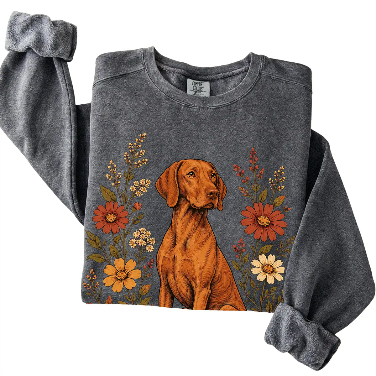 Pepper Comfort Colors® sweatshirt with Vizsla portrait and wildflowers, folded view
