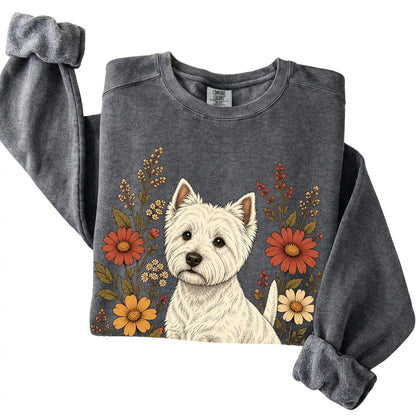 Pepper Comfort Colors® sweatshirt with Westie portrait and wildflowers, folded view