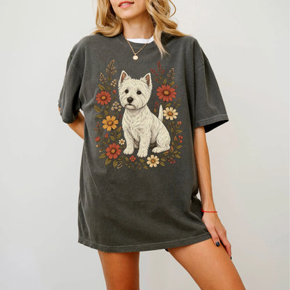 Model wearing a Pepper Comfort Colors® T-shirt showing Westie portrait surrounded by wildflowers beneath the moon