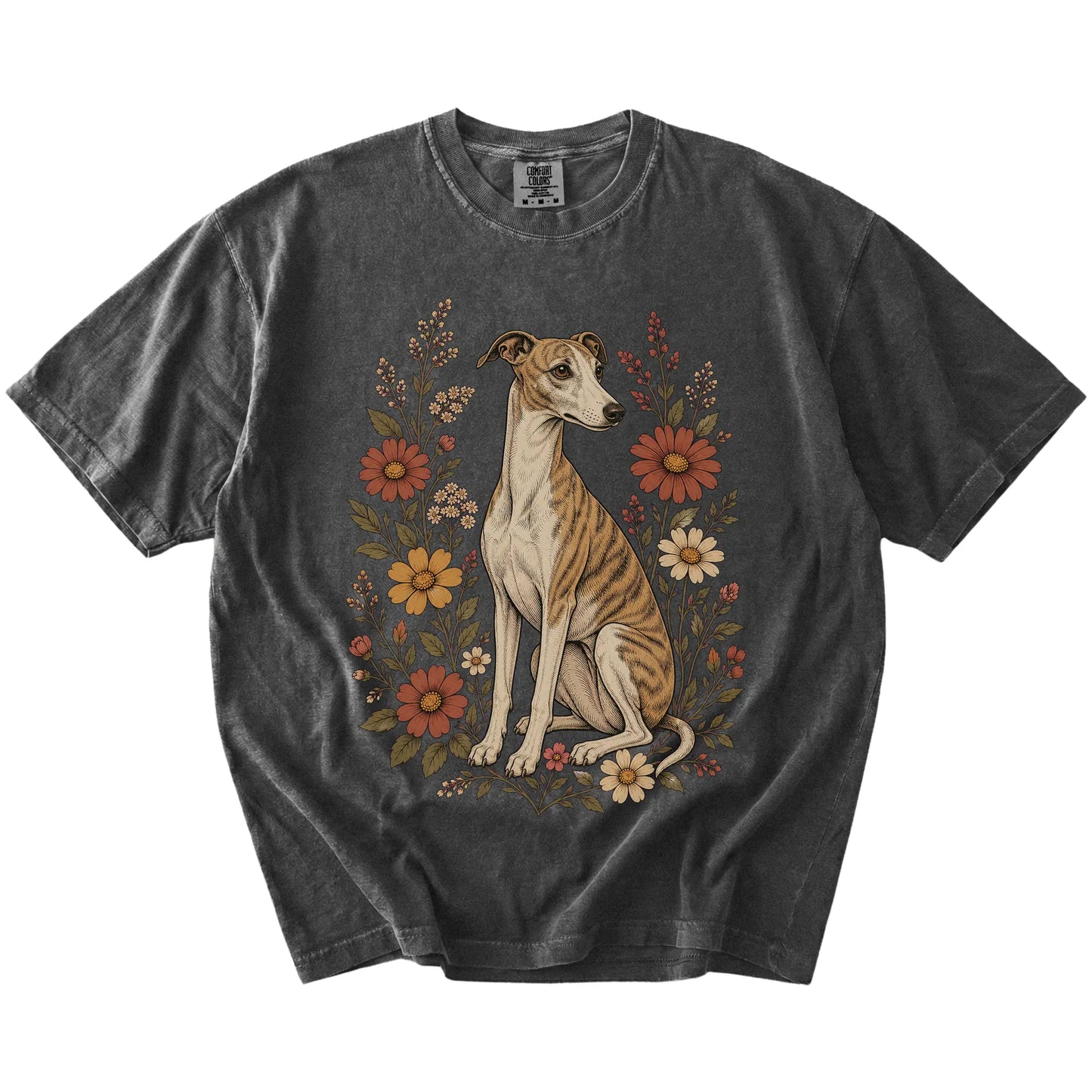 Whippet portrait surrounded by wildflowers beneath the moon on a Pepper Comfort Colors® T-shirt