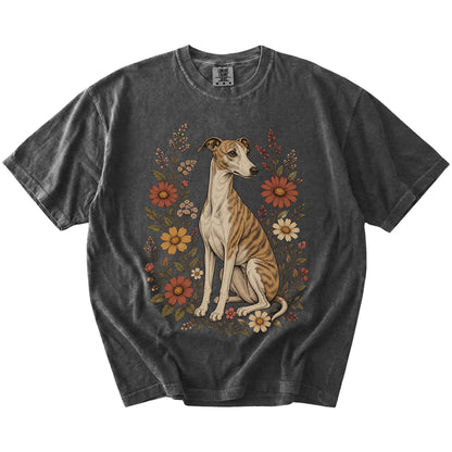 Whippet portrait surrounded by wildflowers beneath the moon on a Pepper Comfort Colors® T-shirt