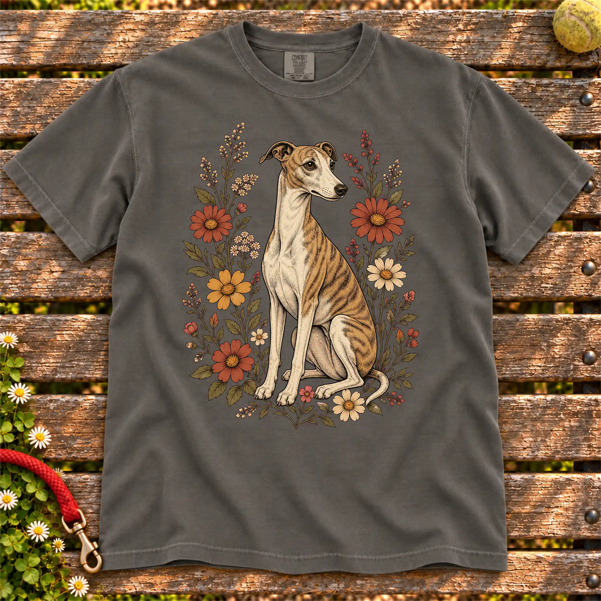 Whippet portrait surrounded by wildflowers beneath the moon on a Pepper Comfort Colors® T-shirt