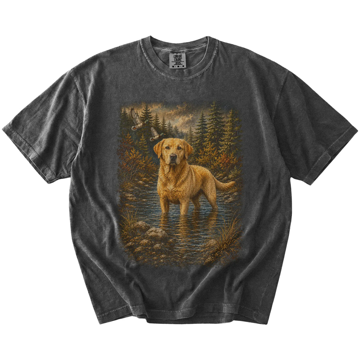 Pepper Yellow Lab Duck Hunting T-Shirt laid flat