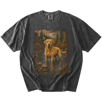 Pepper Yellow Lab Duck Hunting T-Shirt laid flat