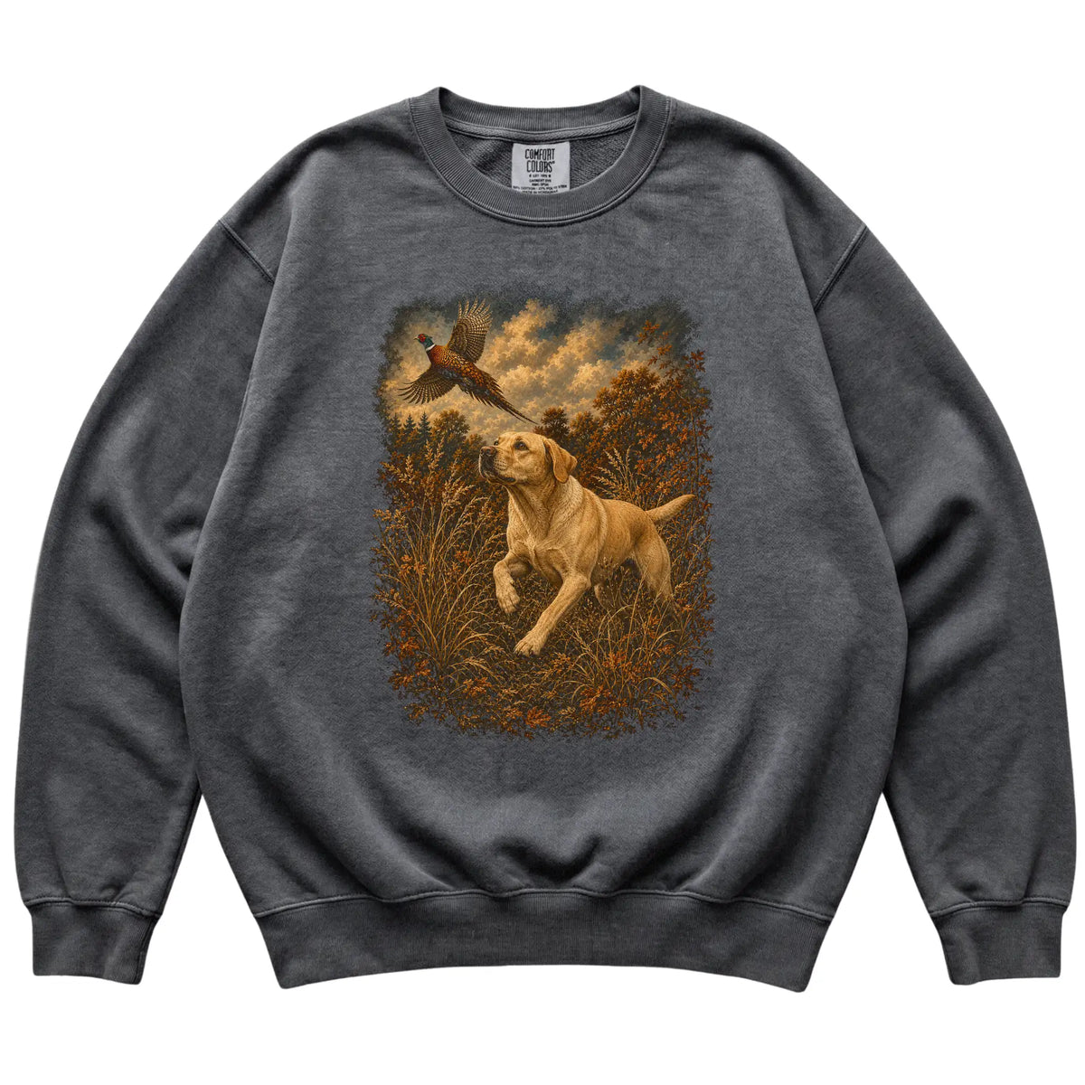 Yellow Lab Pheasant Hunting Sweatshirt in Pepper