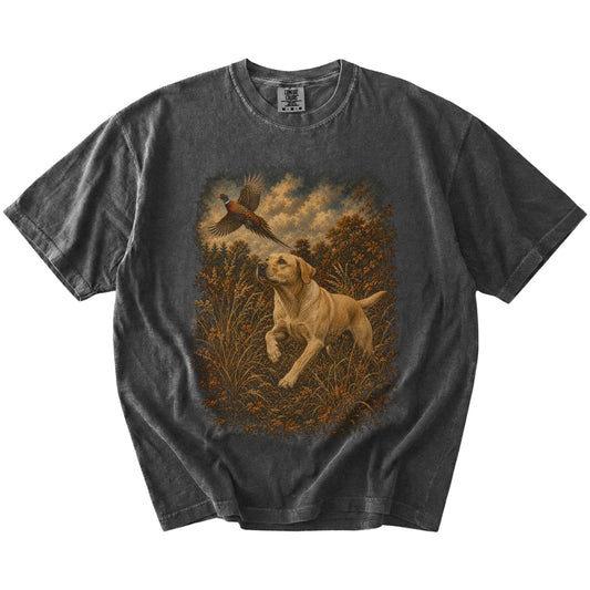 Pepper Yellow Lab Pheasant Hunting T-Shirt laid flat