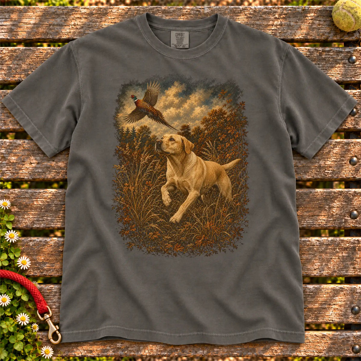 Labrador Retriever Yellow Lab Pheasant Hunting on a Pepper T-shirt, shown flat