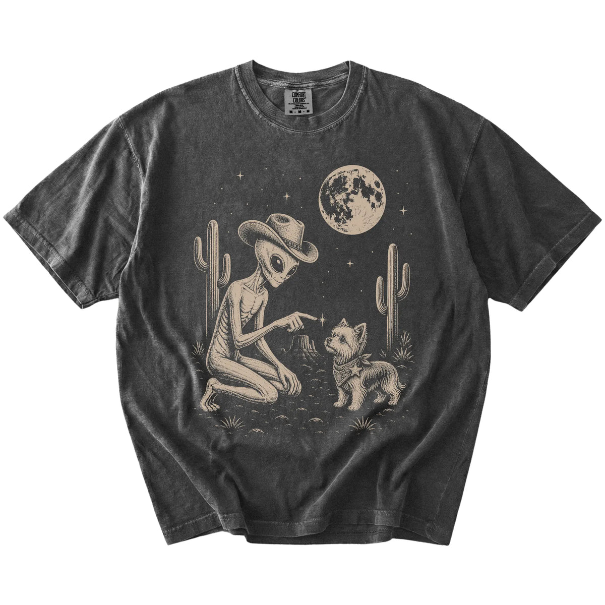 Cowboy alien fist-bumping a Yorkie beneath the moon on a Pepper Comfort Colors® T-shirt