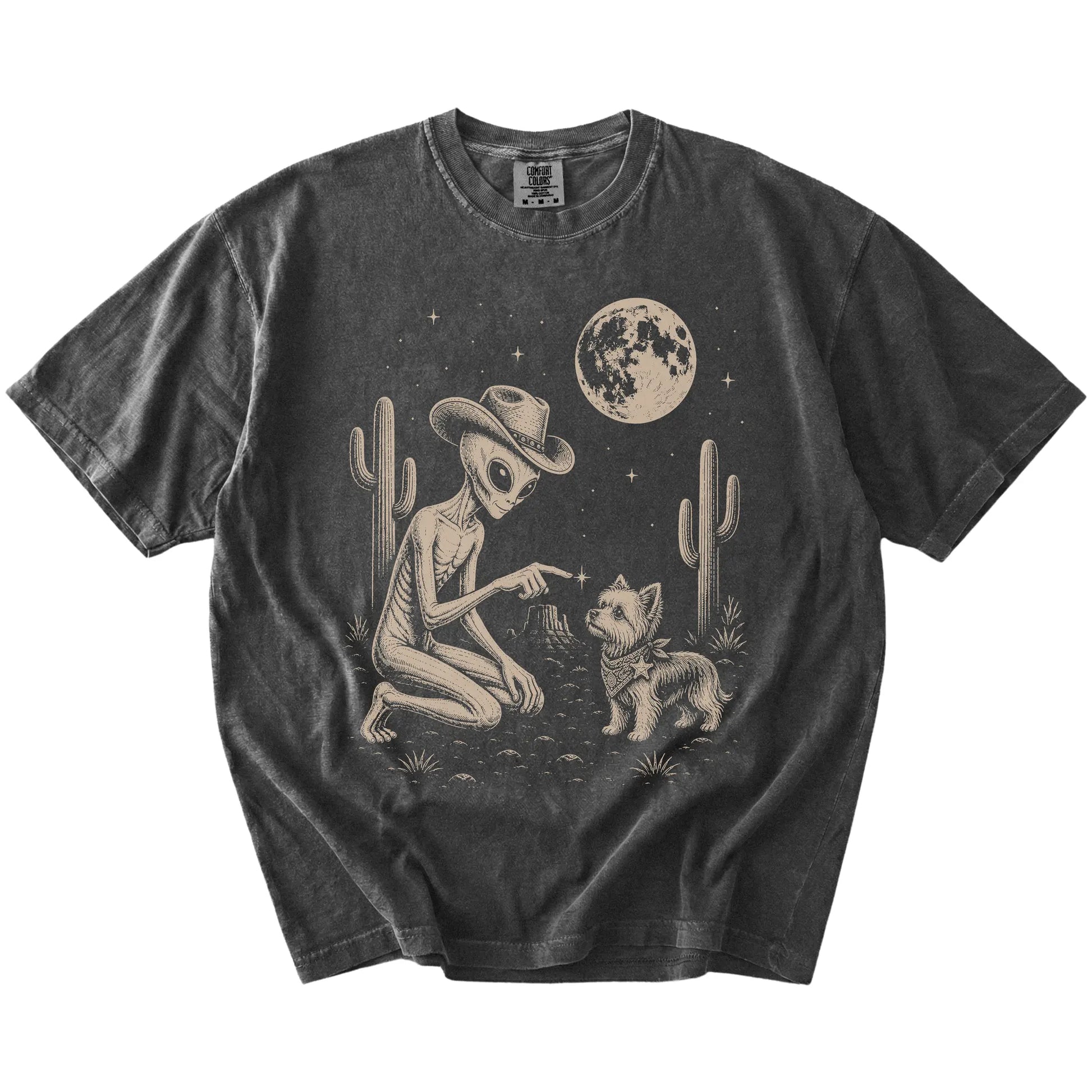 Cowboy alien fist-bumping a Yorkie beneath the moon on a Pepper Comfort Colors® T-shirt