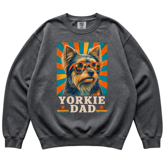 Retro Yorkie Dad design on a Pepper Comfort Colors sweatshirt