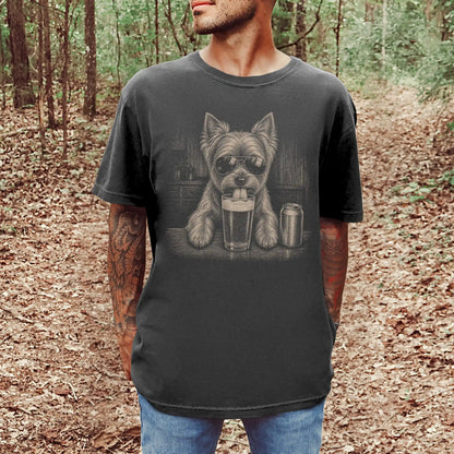 Model wearing a Pepper Comfort Colors® t-shirt with Yorkie sneaking a drink from a pint