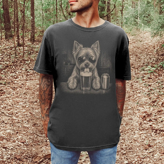 Model wearing a Pepper Comfort Colors® t-shirt with Yorkie sneaking a drink from a pint