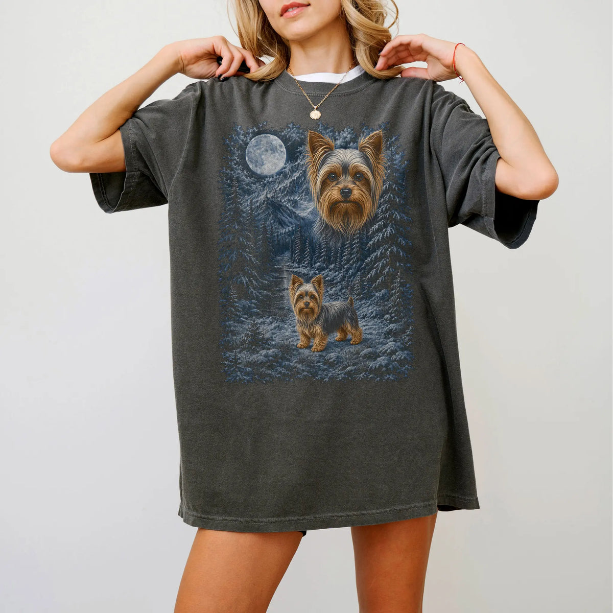 Person wearing a Pepper Yorkie winter forest t-shirt